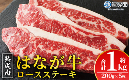 ＜熟成肉 はなが牛 ロースステーキ 5枚（1枚200g）＞ 牛肉 牛 肉 ろーすすてーき ステーキ サーロイン ブランド牛 鉄板焼き 焼き肉 焼肉 バーベキュー BBQ 国産 小分け 特産品 愛媛県 ゆうぼく 西予市【冷凍】『2か月以内に順次発送』UYB0017