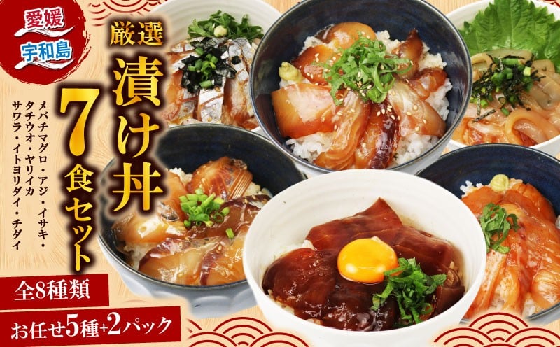 
            ＼10営業日以内発送／ 漬丼 厳選 活締め 全8種  お任せ 天然 漬け丼 7食 セット 南予ビージョイ 5種 + 2パック メバチマグロ アジ イサキ タチウオ ヤリイカ サワラ イトヨリダイ チダイ 食べ比べ づけ丼 人気 加工品 新鮮 水産品 漬け 刺身 海鮮 海鮮丼 数量限定 愛媛 宇和島 D010-150018
          