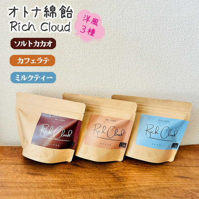 【ふるさと納税】 オトナ綿飴Rich Cloud洋風3種セット ／ わたあめ わたがし 綿あめ 綿菓子 スイーツ デザート おやつ ほどける口溶け 新食感 ソルトカカオ ミルクティー カフェラテ 送料無料 埼玉県 No.135