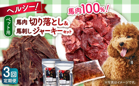 【全3回定期便】詰め合わせ 国内加工 ペット用 馬肉 切り落とし 1kg ペット用 馬刺しジャーキー 100g(50g×2)【五右衛門フーズ 本店】[AYCT013]