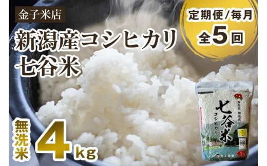 【令和7年産】【定期便5ヶ月毎月お届け】老舗米穀店が厳選 新潟県加茂市産コシヒカリ「七谷米」無洗米 4kg（2kg×2）〈順次出荷〉 従来品種 窒素ガス充填パックで鮮度長持ち 金子米店 お米 米 定期便