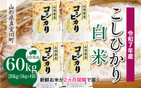 ＜令和7年産米＞ 令和8年5月上旬より発送 こしひかり【白米】60kg定期便(20kg×3回) 山形県真室川町　◆RR7K6020M-H2605A