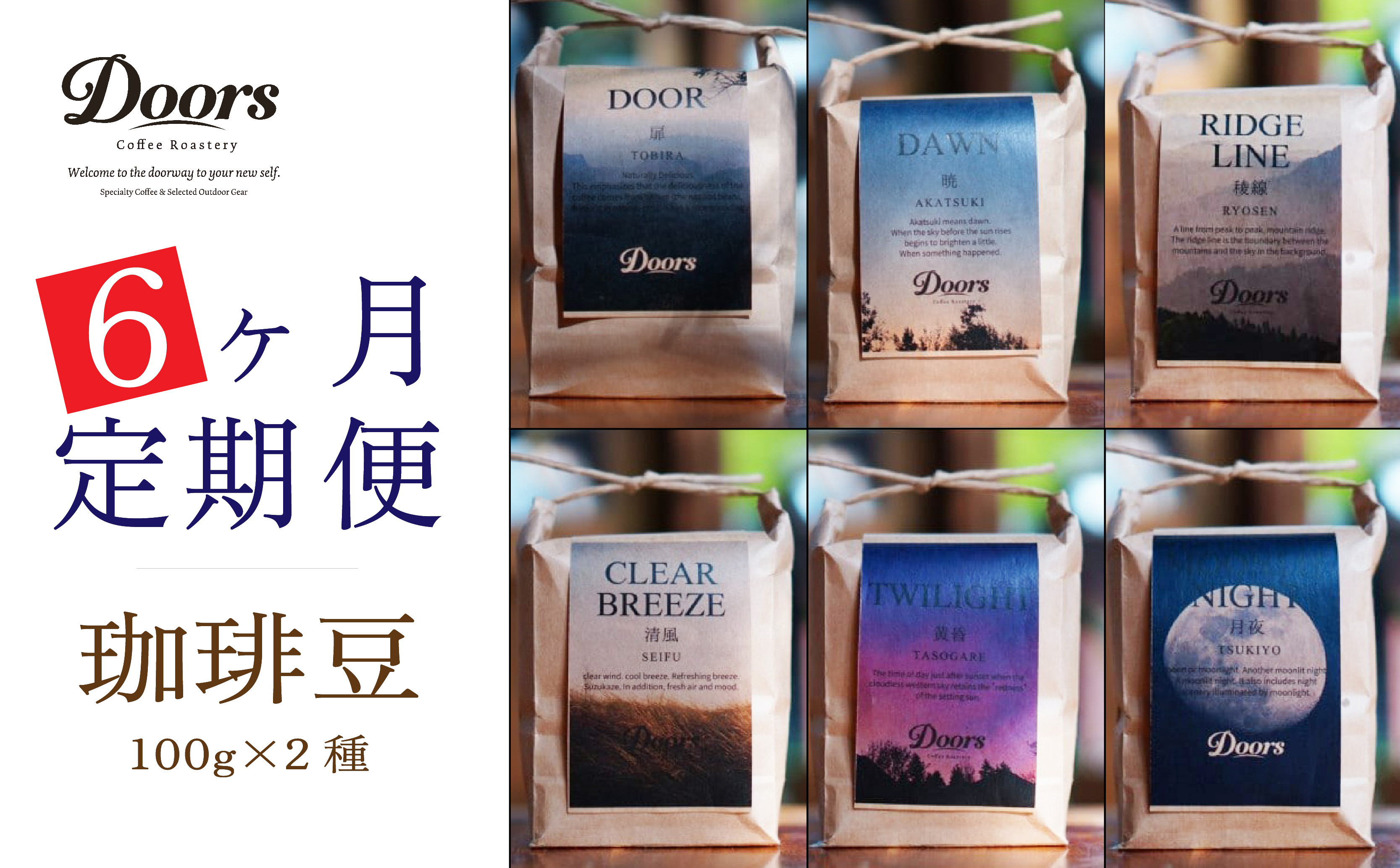 
            定期便 Single Origin コーヒー豆 全6回 6種 (100g×2種×6回) （シングルオリジン スペシャルティ スペシャリティ 6ヶ月 高級 コーヒー ブレンド シングル 自家焙煎 珈琲 豆 珈琲豆 お取り寄せ 高級 キャンプ アウトドア リラックス 京都府 笠置町 Doors Coffee Roastery
          