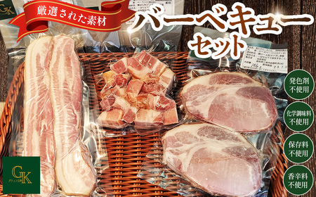 化学調味料等無添加 バーベキューセット ／ バーベキュー BBQ ベーコン 無化調 岩塩 アンデス紅塩 豚 豚肉 ステーキ ポーク ベーコンステーキ ロースステーキ ベーコンサイコロステーキ 酒の肴 つまみ くんせい 燻製 肉加工品 添加物不使用 無添加 愛知県 No.227