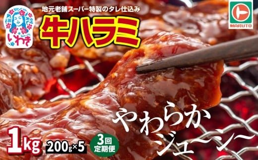 【定期便/計3回】味付き牛ハラミ　1kg(200g×5)　計3kg | 特製タレ 焼くだけ 手作業で加工 焼肉 お取り寄せ バーベキュー ふるさと納税はらみ ふるさと納税ハラミ 柔らかい やわらかい 父の日 | EQ040-1000g-t3