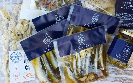 海の幸 さぬき 瀬戸内海 セット オイルサーディン カタクチイワシ 瓶入 固形量 60g 辛口 45g マイワシ 5尾入り 桜鯛 バジルオイル煮 イリコ物語 伊吹イリコ てんぷらスナック 伊吹島 燧灘 詰め合わせ 鯛 イワシ 鰯 いりこ 魚貝 加工品 香川県 観音寺市