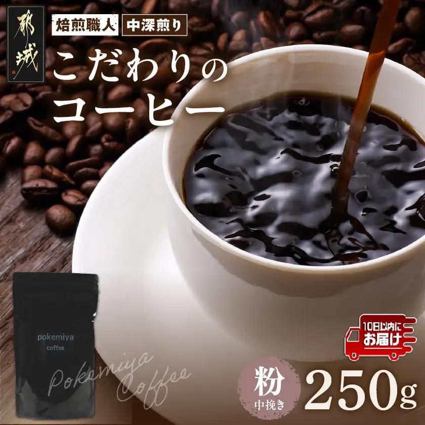焙煎職人こだわりのコーヒー【粉】250g 小分けパック(ジッパー・バルブ付) ※中深煎り※ポスト投函≪みやこんじょ特急便≫〔LA-3302-Q〕 _(都城市) 保存に便利 珈琲