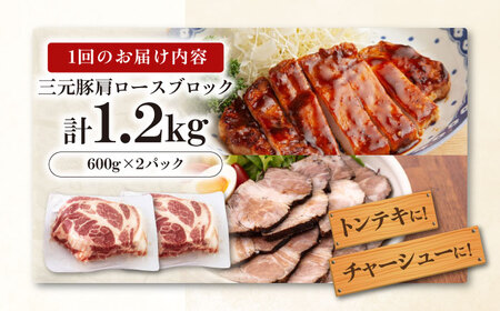 【全2回定期便】三元豚 肩ロースブロック1.2kg（600g×2パック）《喜茂別町》【平田牧場】 肉 豚肉 ロース ブロック ローストポーク 煮豚 酢豚 煮物 冷凍配送[AJAP114]
