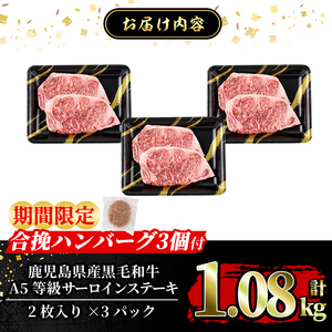 a853-C ＜期間限定！合挽ハンバーグ付＞≪A5等級≫鹿児島県産黒毛和牛サーロイン2枚入り(3P計1.08kg) 【水迫畜産】姶良市 国産 牛肉 サーロインステーキ ステーキ ステーキ肉 和牛