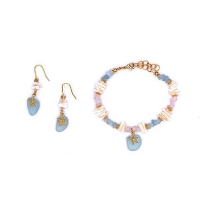 ふるさと納税 恩納村 【ブレスレット&ピアス】Mサイズ|サンゴとシーグラスのアクセサリーセット |  | 01