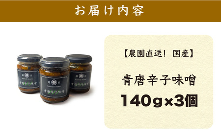 クロダ農園直送！国産 青唐辛子味噌 140g × 3個 旨辛 やみつきおかず味噌 [e62-a004]