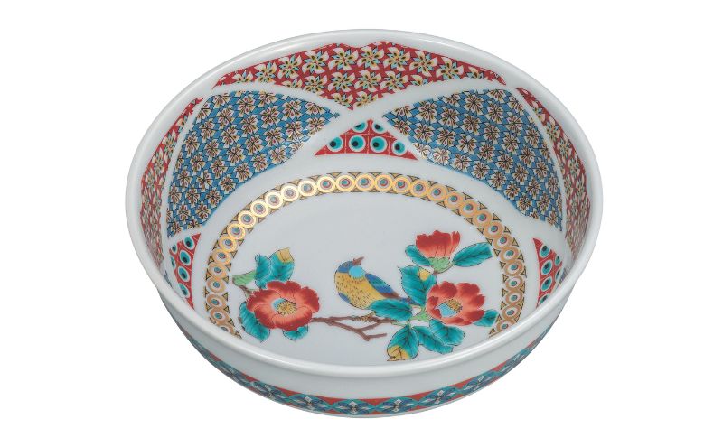 九谷焼 6号鉢・金小紋椿に鳥