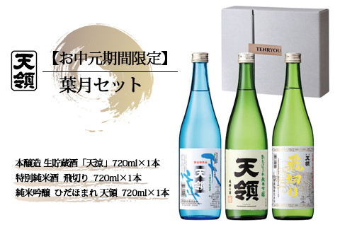 
                  【期間限定 お中元】（2026年6月初旬から順次発送）葉月セット 特別純米酒「飛切り」・本醸造生貯蔵酒「天涼」・純米吟醸酒「ひだほまれ　天領」（各 720ml）天領酒造 夏限定 ギフト 贈答 贈り物 御中元 酒 お酒 日本酒
                