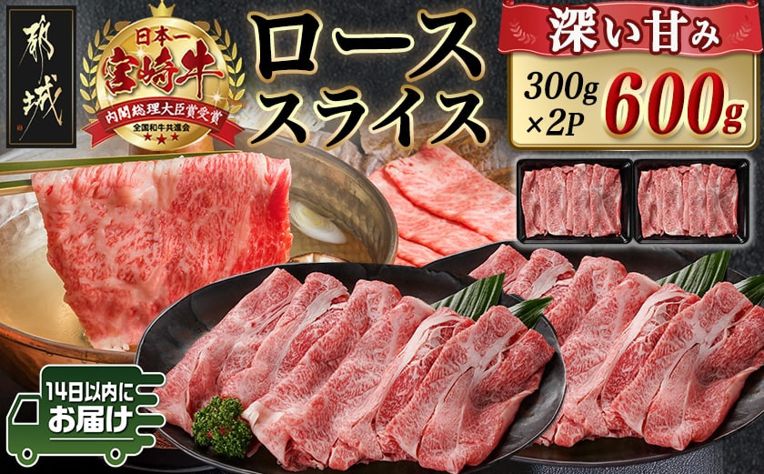 
            宮崎牛ローススライス(300g×2P)≪みやこんじょ快速便≫_AC-N404-R_(都城市) 宮崎県産 宮崎牛 ロース スライス すき焼き しゃぶしゃぶ 小分け 600g 贈答用 ギフト 快速便 14日以内にお届け
          