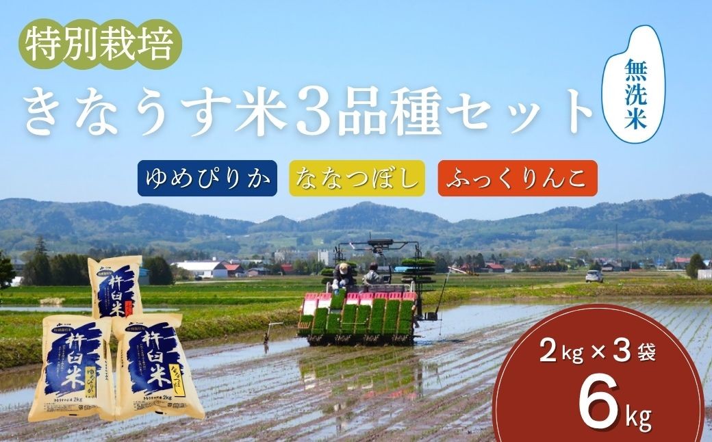
            特別栽培「きなうす米」セット（無洗米）2kg×3品種　C006
          