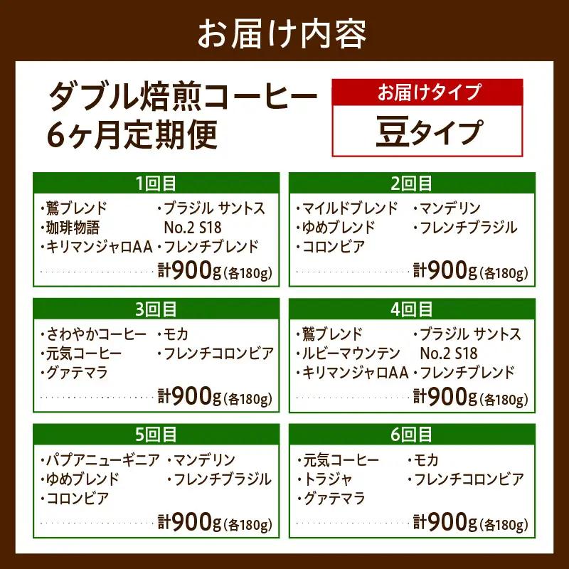 豆タイプ 6ヶ月 定期便 ダブル焙煎 コーヒー 180g×5種×6回 コーヒー豆