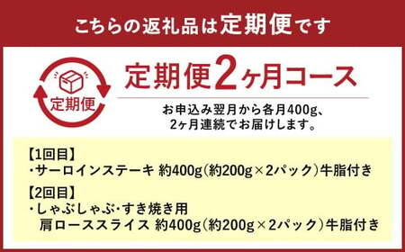 黒毛和牛 お試し定期便 2回発送 サーロインステーキ 約400g しゃぶしゃぶ すき焼き 用 約400g 合計 約800g A4等級 以上 牛脂付き サーロイン 美星牛 美星牧場 岡山