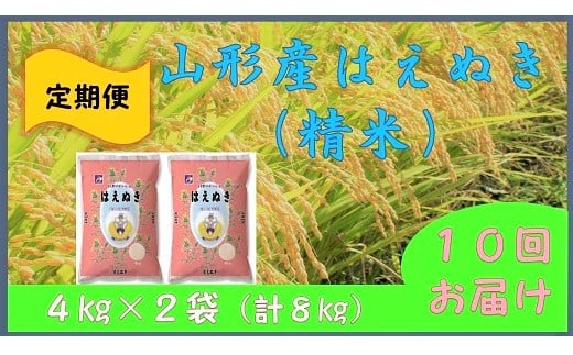 【定期便】令和６年産 はえぬき８ｋｇ（４ｋｇ×２袋）×１０か月連続お届け　0059-2435