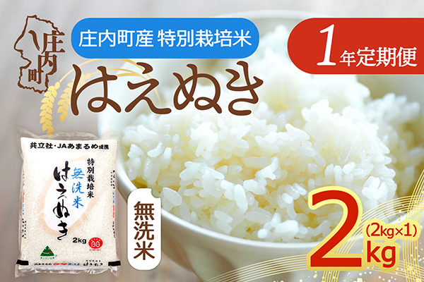 ＜4月開始＞庄内米1年定期便！特別栽培米はえぬき無洗米 2kg（入金期限：2026.3.25） 4月下旬発送 2kg×1袋