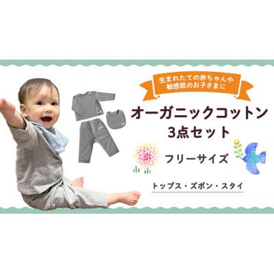 ふるさと納税 つくばみらい市 【グレー系】オーガニックコットン ベビー服 3点セット(トップス・ズボン・スタイ)