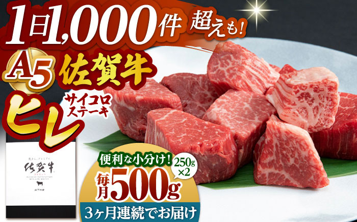 
【全3回定期便】佐賀牛 A5 ヒレ サイコロステーキ 500g ( 250g×2パック )【山下牛舎】 [HAD072]
