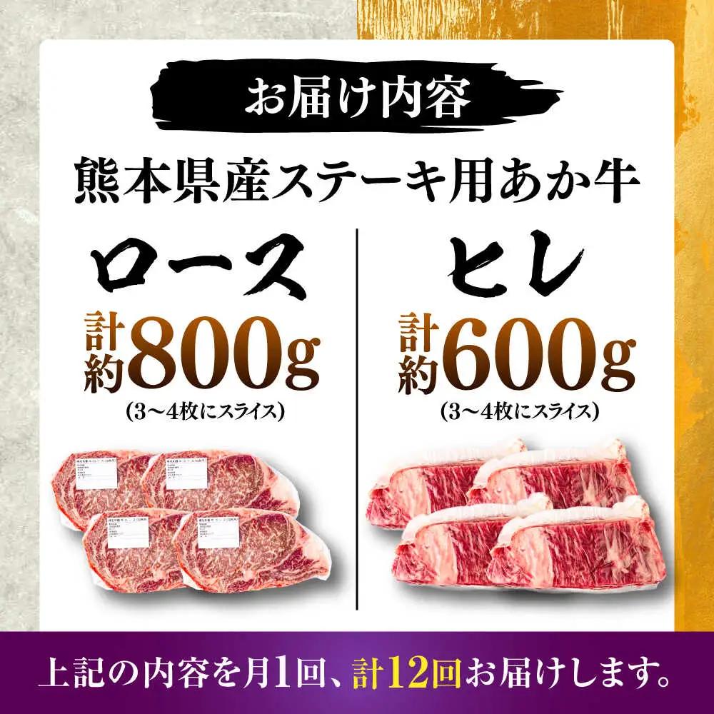 【全12回定期便】熊本県産 あか牛 ステーキ用ヒレ肉約600g ロース肉約800g 計約1.4kg あか牛 BHBY031