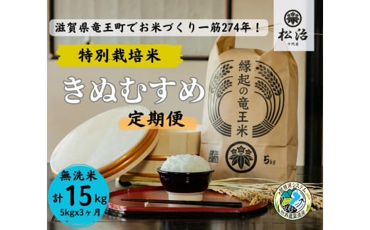 定期便 3ヶ月 きぬむすめ 無洗米 5kg 縁起の竜王米 ( 令和7年産 新米 無洗米 15kg 定期 3回 お米 定期便 おこめ ごはん 米 特別栽培米 ブランド米 ライス こだわり米 ギフト 国産 縁起の竜王米 滋賀県竜王町 )