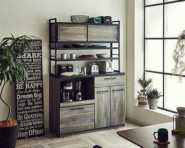 【開梱設置】食器棚 レンジ台 アイン 上台引き戸タイプ 幅119.7cm ブルックリン キッチンボード キッチン収納 おしゃれ 家具 大川家具 幅120cm 収納家具 棚 アイアンフレーム