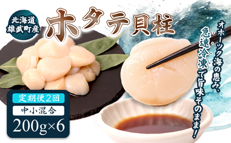 【定期便2回】　北海道雄武町産ほたて貝柱 中小混合 200g×6 (冷凍) 使い切りパック【07141】