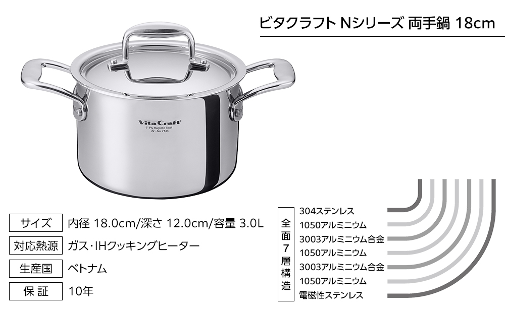 【2025年12月20日以降発送】ビタクラフト Nシリーズ 両手鍋 18cm 7144