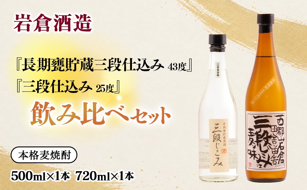 
                  熟成麦焼酎 『三段仕込み』 25度 720ml『長期甕貯蔵（20年）三段仕込み』43度 500ml 飲み比べセット【岩倉酒造】＜7-30a＞
                