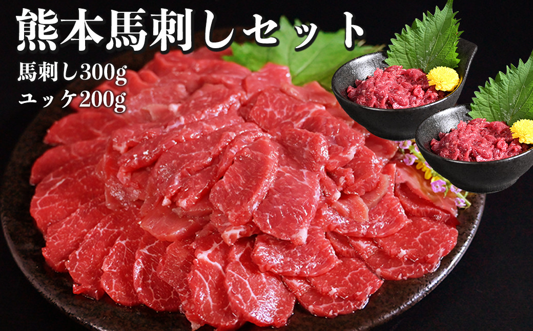 
            熊本 馬刺し 約500g セット （赤身 約300g ユッケ 約200g） 醤油・生姜付き 馬肉 お肉 肉 肉刺し 赤身肉 生肉 生食 国内肥育 食品 ヘルシー 熊本県 熊本市 冷凍
          