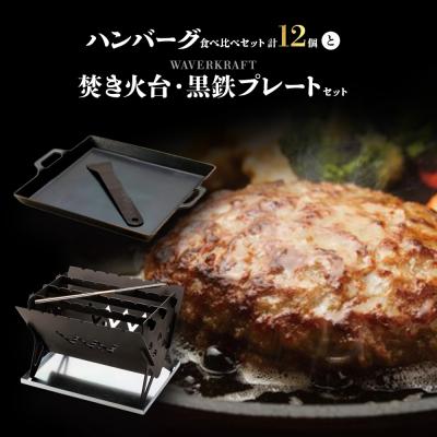 ふるさと納税 新十津川町 大畠精肉店のハンバーグ食べ比べセット計12個と焚き火台・黒鉄プレートセット【1301703】