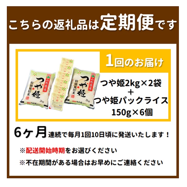 【6月～11月発送】つや姫2kg×2袋+パックライス6P×6回 [HM1-020(まいすたぁ)] 【6月～11月発送】つや姫4kg+パックライス