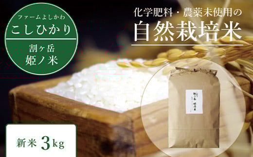 2025年収穫分、予約開始！信濃町産コシヒカリ「割ケ岳 姫乃米３kg」令和7年秋出荷の新米 ｜ 農薬未使用の自然米【長野県信濃町ふるさと納税】