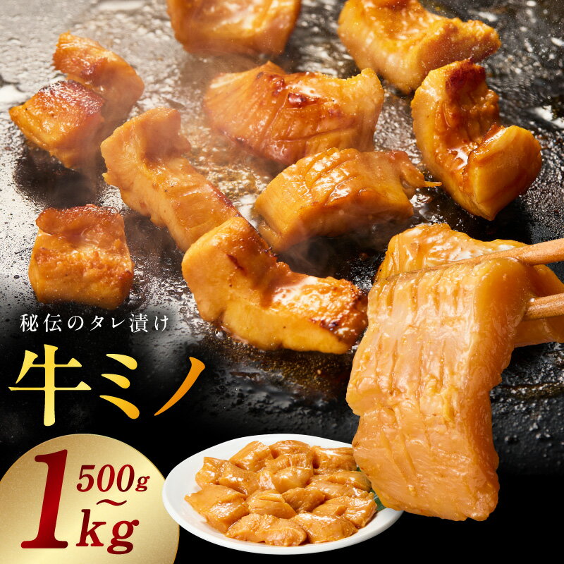 【ふるさと納税】焼肉用 牛ミノ 味付き 秘伝のタレ漬け 小分け 焼くだけ ホルモン コリコリ食感 BBQ おかず おつまみ 選べる 内容量 500g / 1kg 焼肉 希少部位 ミノ バイキング左近 お取り寄せ グルメ 肉 食品 食べ物 肉の泉佐野 関西 大阪府 泉佐野市 送料無料