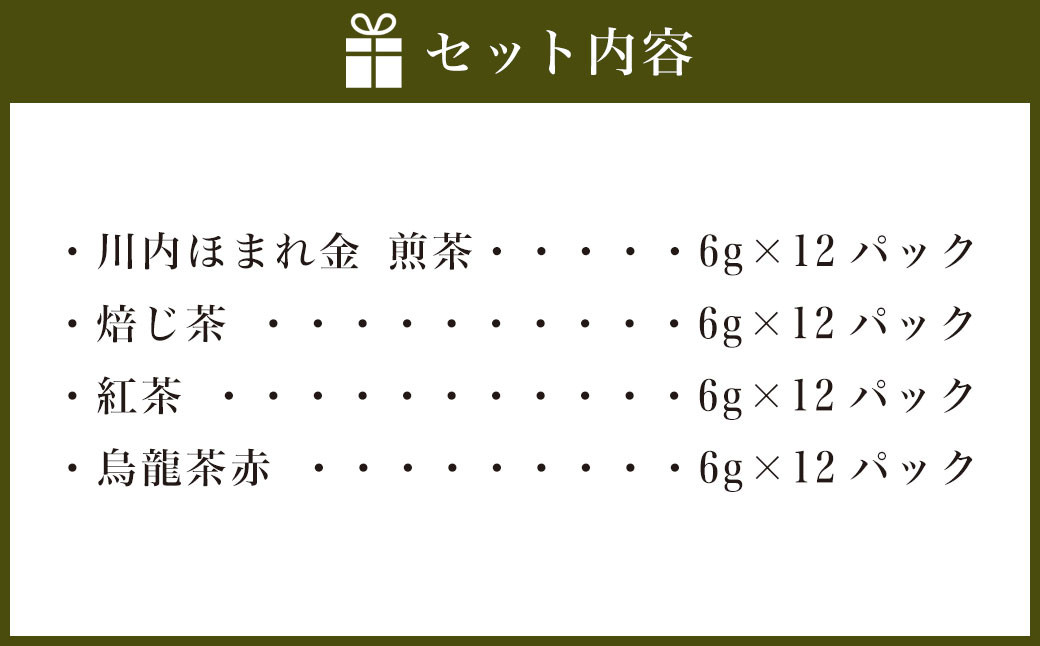 4種ティーバックセット 煎茶（川内ほまれ金）・焙じ茶・紅茶・烏龍茶赤