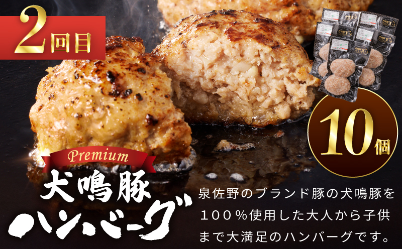 【泉佐野ブランド豚】犬鳴豚餃子 75個／手作りプレミアムハンバーグ（10個入り） 全2回【国産 豚肉 ぶたにく 定期便 食べ比べ 犬鳴ポーク 焼くだけ 人気 総菜 冷凍】 099Z558