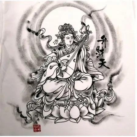 手描きTシャツ 仏画 弁財天 白 (半袖 Sサイズ)【1615612】