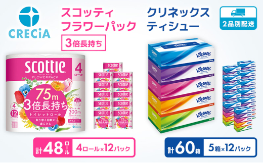 トイレットペーパー 48個 ティッシュ 60箱 クリネックス トイレットペーパー ダブル 3倍長持ち 香り付き フラワーパック 日用品 長持ち 防災 備蓄 消耗品 生活雑貨 生活用品 トイレット ペーパー といれっとぺーぱー トイペ といぺ ティッシュペーパー てぃっしゅ