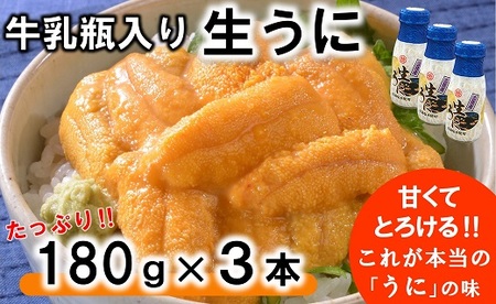 【期間限定 寄付金額改定】 牛乳瓶入り 生うに 180g×3本セット 【ミョウバン不使用 無添加】生雲丹 生ウニ 岩手 三陸 高級 塩水 瓶詰め うにびん