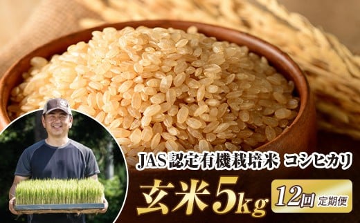 ＜定期便12ヶ月＞令和8年産米 JAS認定 有機栽培米 西会津産米コシヒカリ 玄米 5kg 米 お米 おこめ ご飯 ごはん 福島県 西会津町 F4D-2558