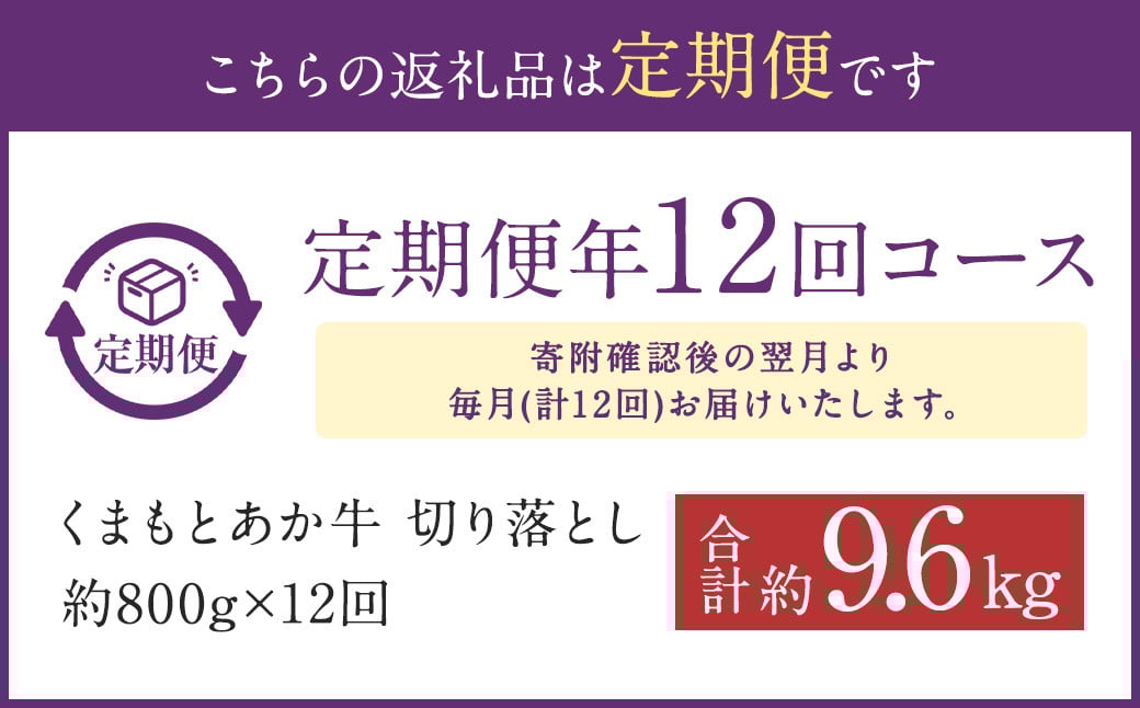 【定期便:年12回】くまもと あか牛 切り落とし 牛肉 (800g×12回)