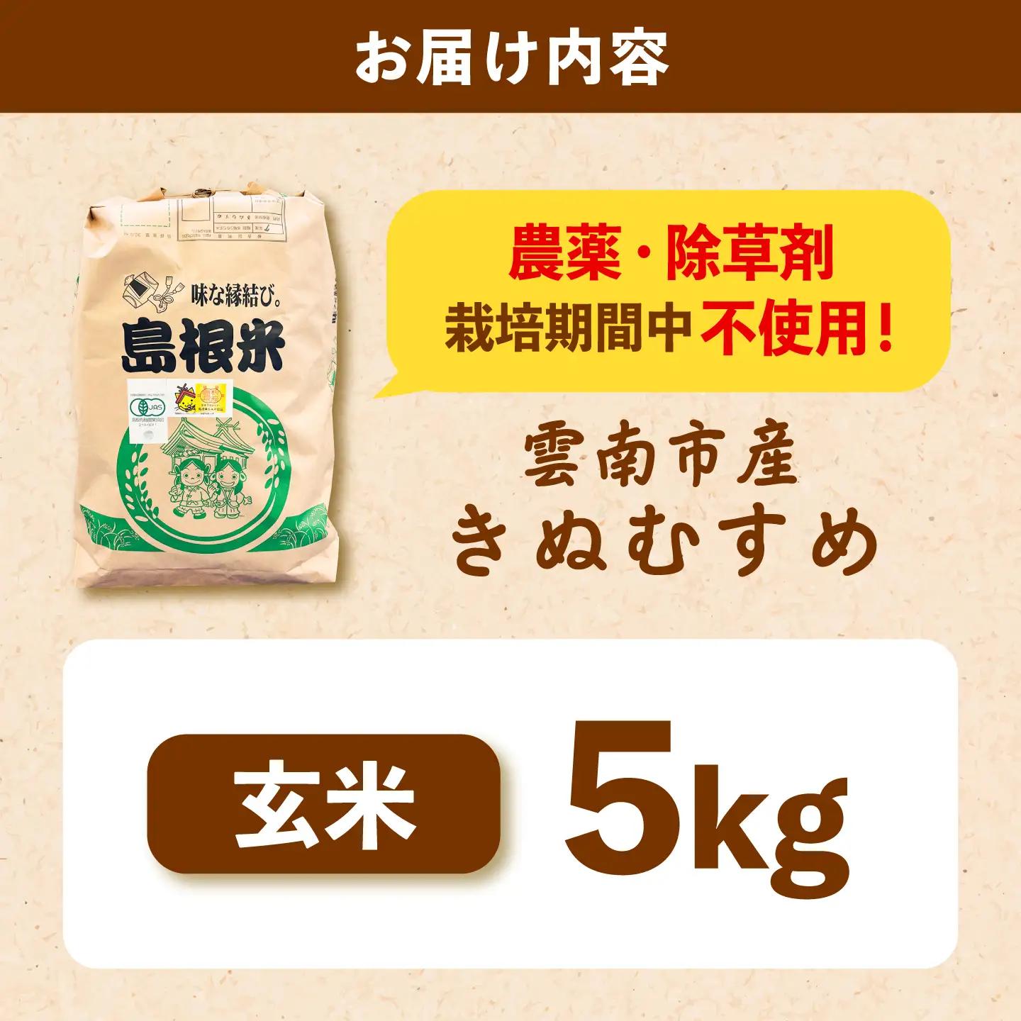 【有機JAS認定】令和7年産 玄米 雲南市産きぬむすめ 5kg 島根県雲南市/佐藤ファーム ｜玄米 コメ 有機栽培 完全無農薬 美味しまね認証[AIEO006]