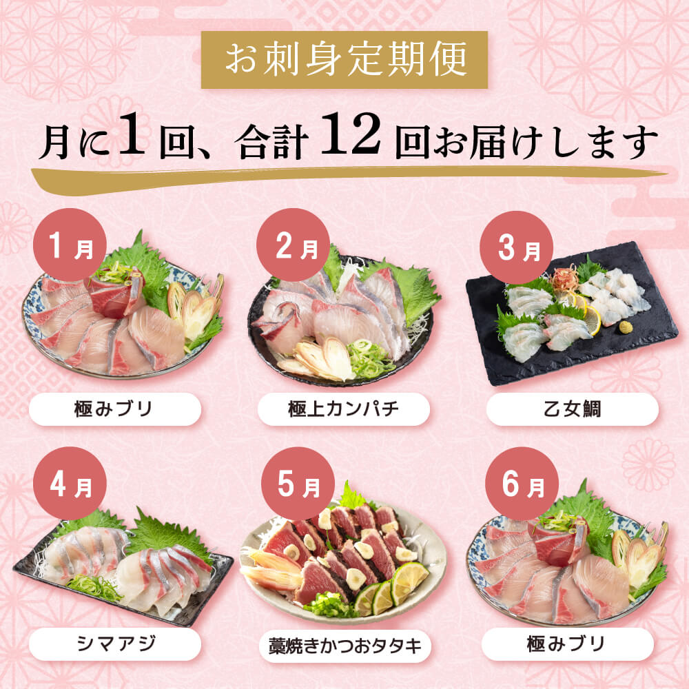 【定期便】1年間お届け！小島水産 がお届けする！美味しいお刺身定期便 12回コース 鮮魚 下処理済 頒布会 海鮮 鰤 ブリ 勘八 カンパチ 鯛 乙女鯛 真鯛 マダイ かつおのタタキ 鰹 カツオ 鰹のた