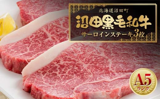 
            幻の沼田黒毛和牛 A5ランク サーロインステーキ3枚入り 合計1,034g以上 牛肉 国産 北海道 冷凍 n-0103
          