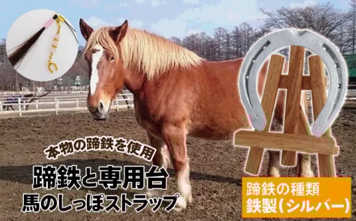 蹄鉄 （ 鉄製 シルバー ）& 専用台 & 馬のしっぽの毛 ストラップ 【馬っこパーク・いわて】／ 馬蹄 てい鉄 さび止め 錆止め サビ止め 鉄 銀 銀色 加工 馬毛 尻尾 栗毛 鹿毛 芦毛 誕生石 幸運 開運 厄除け 魔除け アイテム 本物 インテリア アクセサリー おすすめ