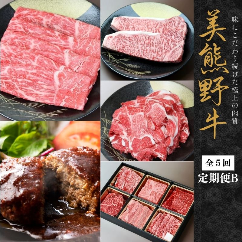 【ふるさと納税】 【全5回】美熊野牛 定期便B ＜すき焼きしゃぶしゃぶ用ロース＆赤身モモ肉 800g・切り落とし 800g・焼肉用6種食べ比べ 500g・サーロインステーキ 300g×2枚・100％ハンバーグ 100g×5個＞ 牛肉 肉 和牛 黒毛和牛 国産牛 すき焼き しゃぶしゃぶ 焼肉 惣菜