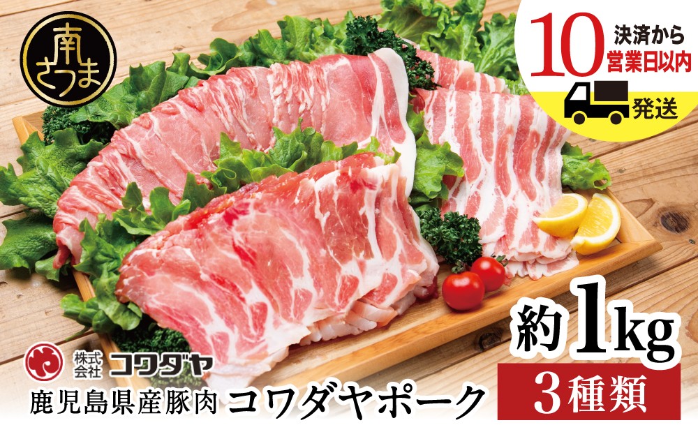 
                  鹿児島産 豚肉3種 約1kg（バラ／肩ロースしゃぶしゃぶ／ロース生姜焼き）★最短発送★ 鹿児島県産 国産 豚肉 お肉 豚バラ ロース 肩ロース スライス 鍋 しゃぶしゃぶ 豚しゃぶ 冷しゃぶ しょうが焼き 生姜焼き 炒め物 肉巻き おかず うす切り 薄切り 食べ比べ 小分け 便利 セット 冷凍 コワダヤ 鹿児島県 南さつま市
                
