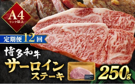 ＜定期便・全12回＞A4ランク以上！博多和牛 サーロインステーキ 250g×1枚|サーロインステーキ サーロイン ステーキ 霜降り牛肉 黒毛和牛 ブランド牛 ブランド和牛 国産 肉 和牛 希少部位 冷凍 送料無料 那珂川市 福岡県